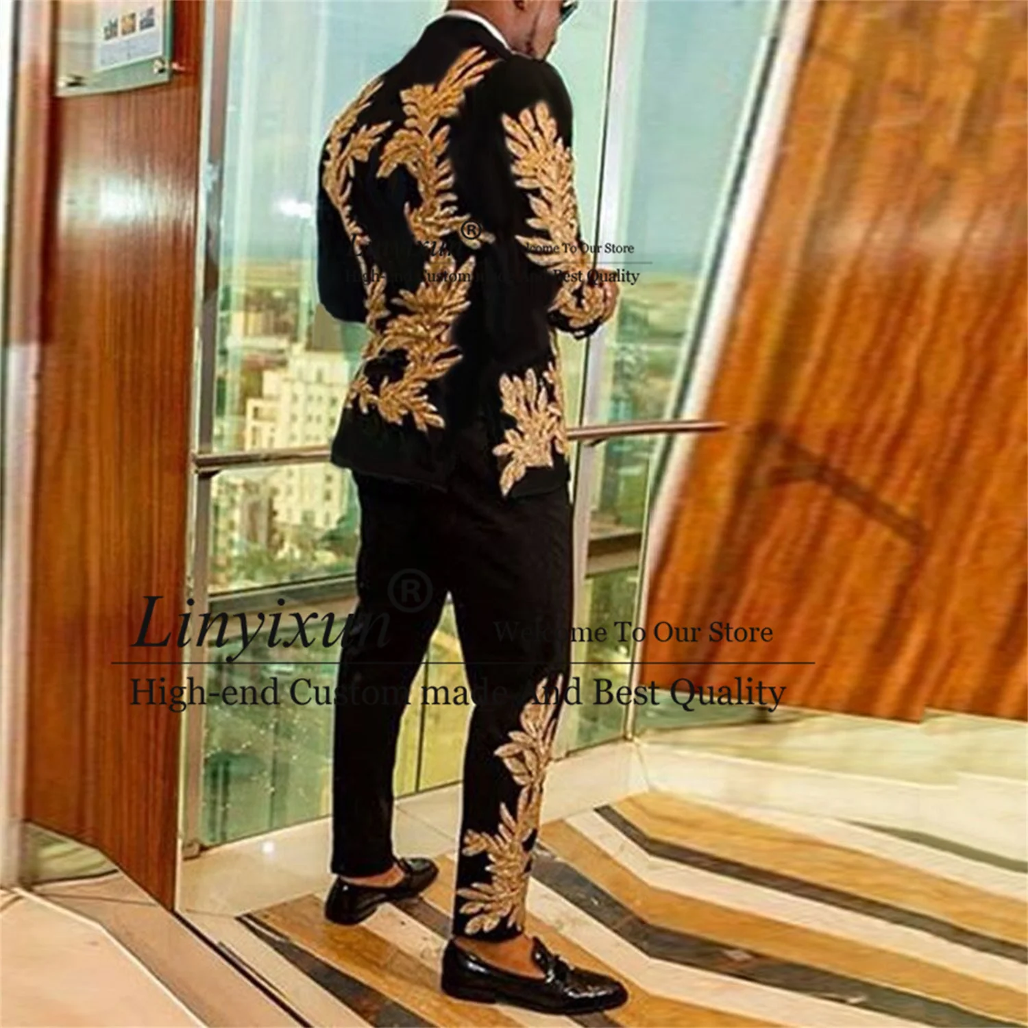 Trajes de corte entallado para hombre, conjunto de 2 piezas con bordado dorado y cuentas brillantes, chaqueta + Pantalones, esmoquin, chaqueta de