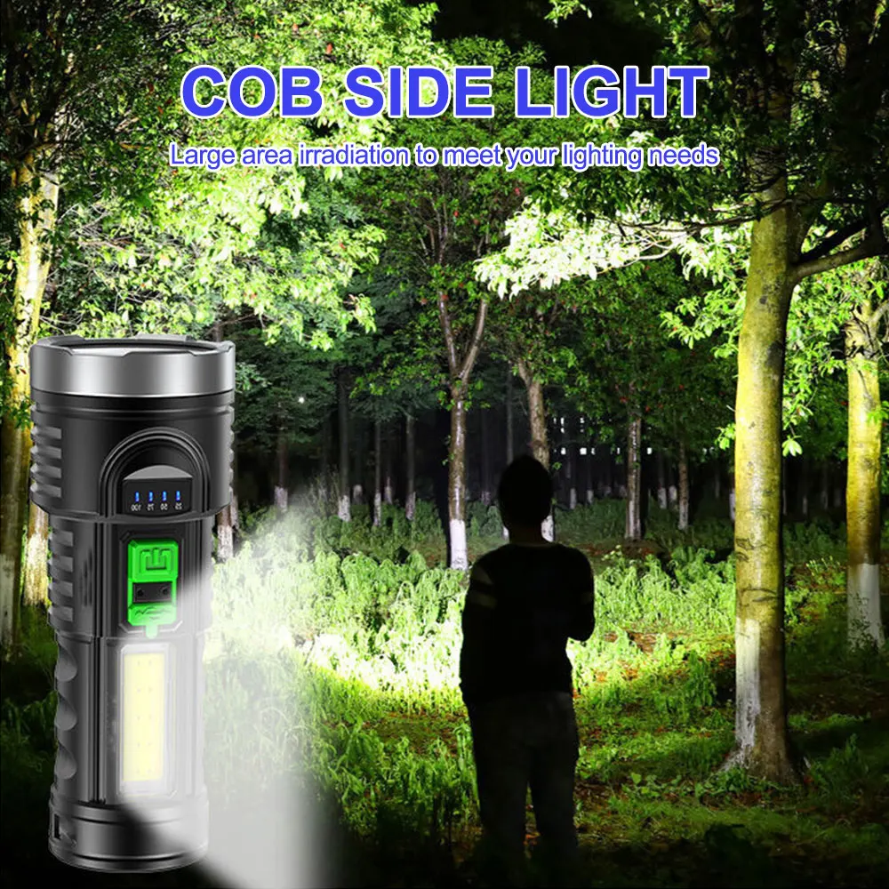 Outdoor Multi-function Flashlight USB Rechargeable Torch 4 Modes Tactical Lamp with Side Light LED Light for Camping Hiking