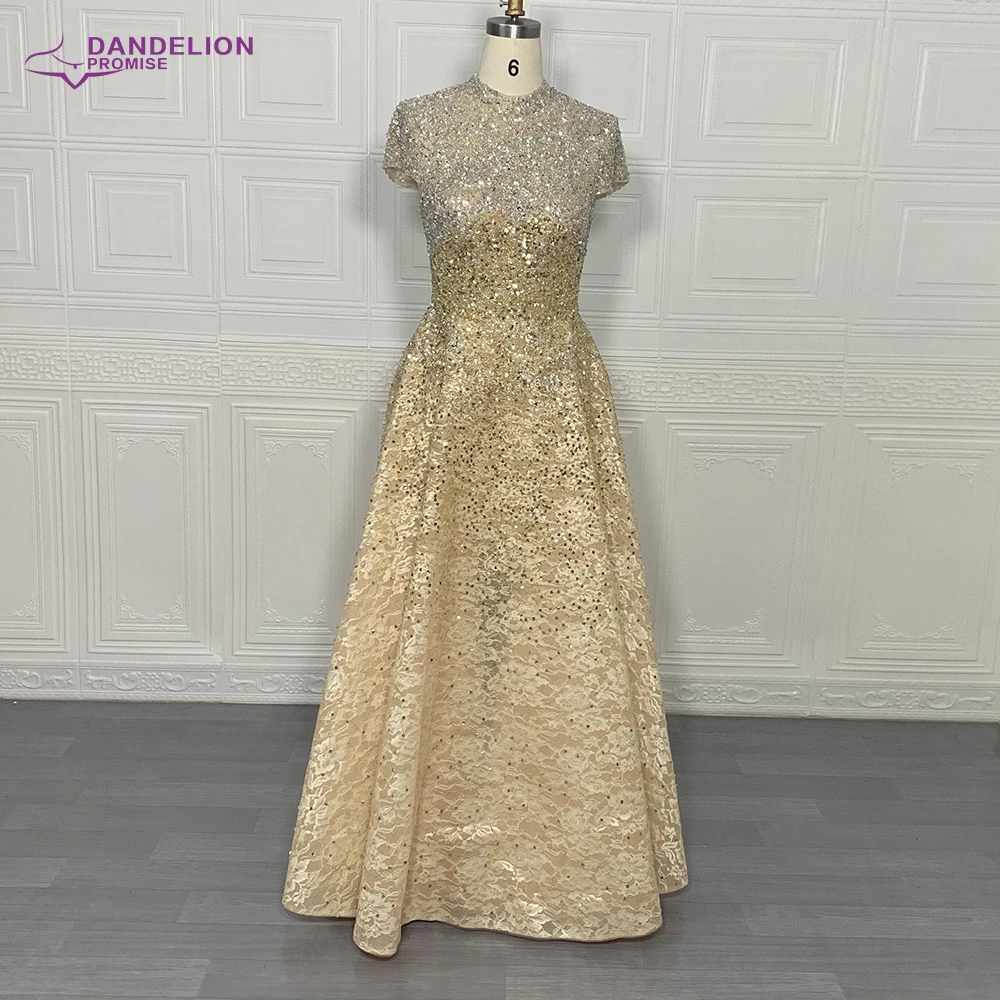 Luxury Gold Evening Dress  2020 High Neck Cap Sleeves  A-Line Lace Beads Handmade Prom Formal Party Gowns