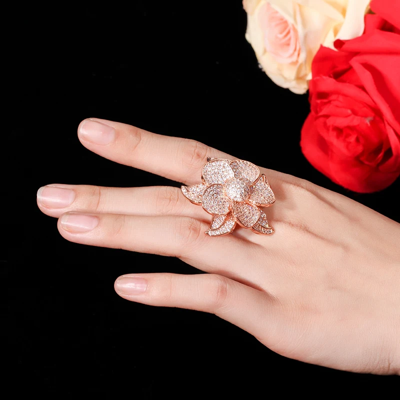 BeaQueen Luxury Brand Cubic Zircon Big Flower Dubai Nigerian Bridal Statement Finger Ring for Women Rose Gold Color Jewelry R068