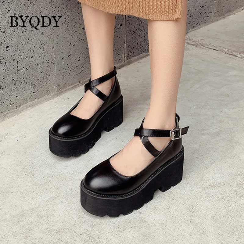 

BYQDY 8CM Chunky High Heels LOLITA Pumps JK Uniform PU Leather Buckle Strap Lolita Dress Shoes Cosplay For Female Workers