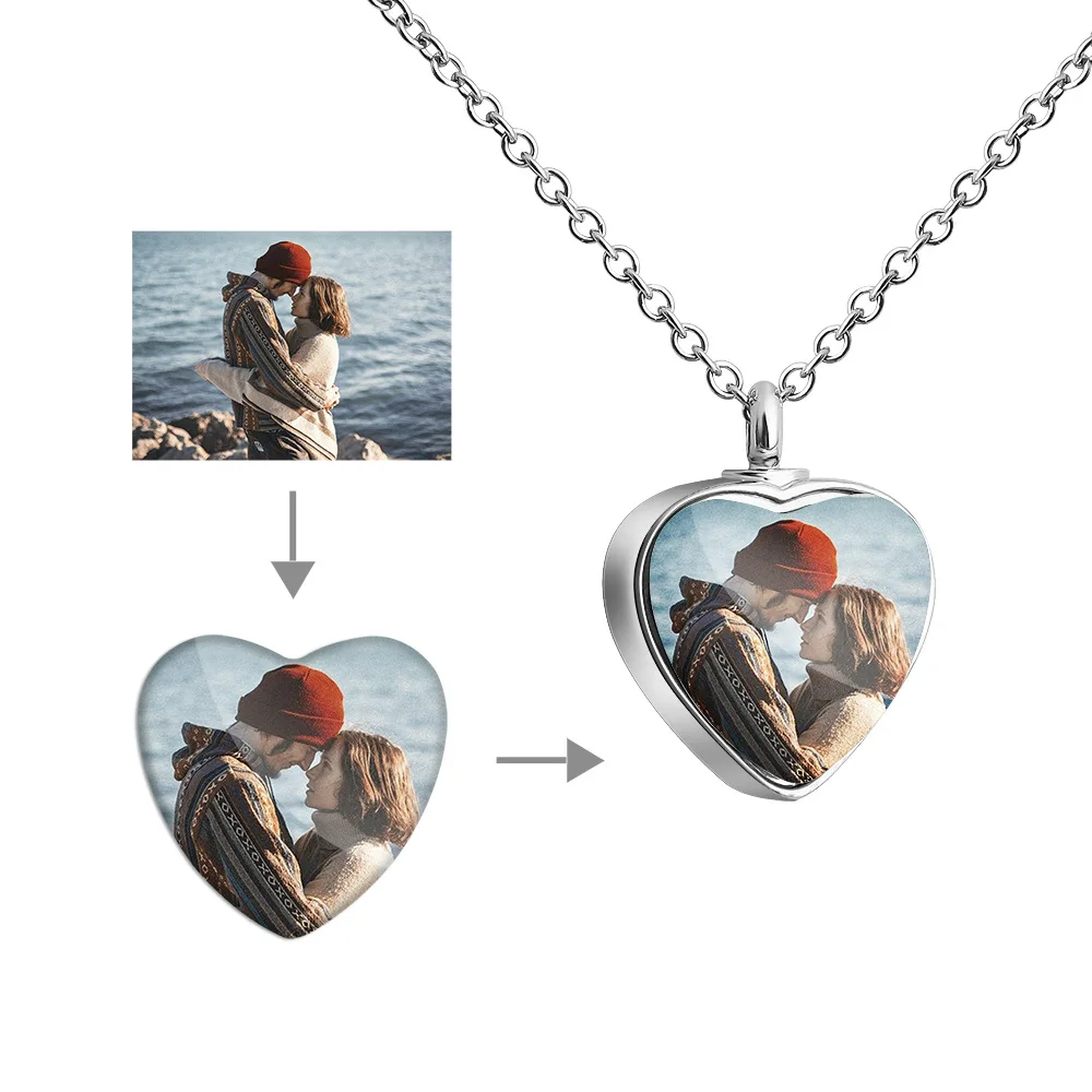 Custom Photo Heart Shaped Memorial Urns Necklace Human/ Pet Ash Casket Cremation Pendant Jewelry Can Open