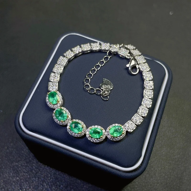 

S925 Silver Natural Green Emerald Bracelet Natural Gemstone Bracelet Fashion Grace Diana Round Women Party Gift Fine Jewelry