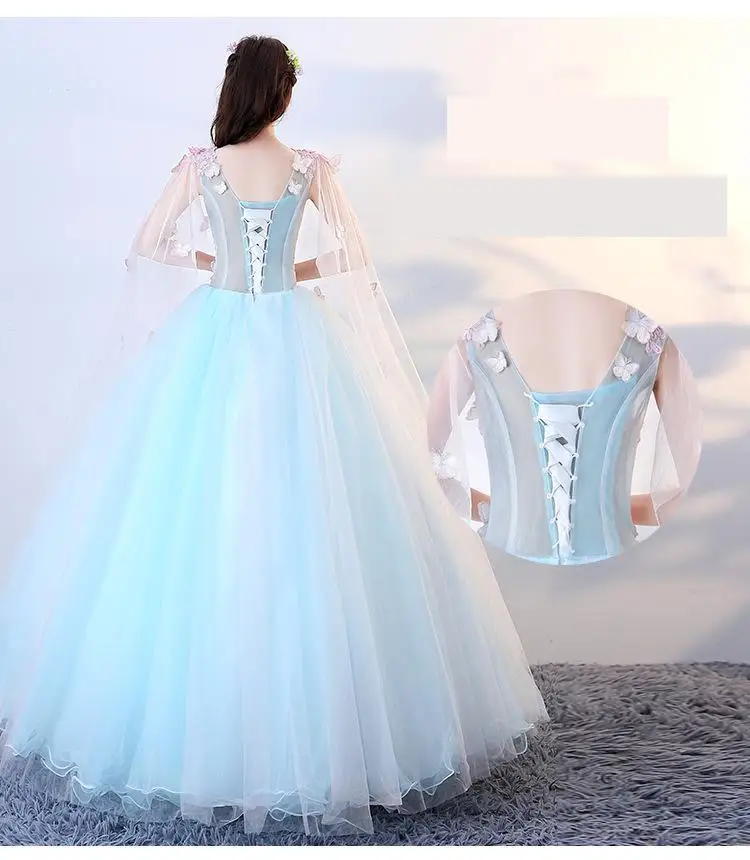 2023 Quinceanera Dresses With Cap Summer New Fairy Dress Butterfly Light Blue V Neck Ball Gown Vestidos De 15 AnosCustomized