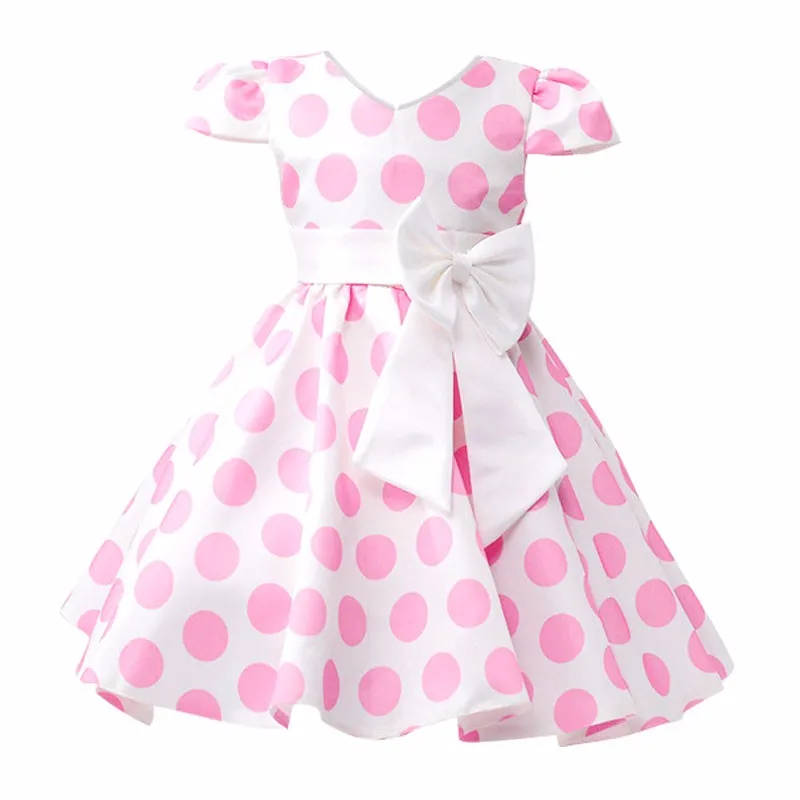 Summer Baby Girl Short Sleeve Bow Princess Dress for Girl Polka Dot Big Bow Party Wedding Dresses Kids Clothes Children Costumes