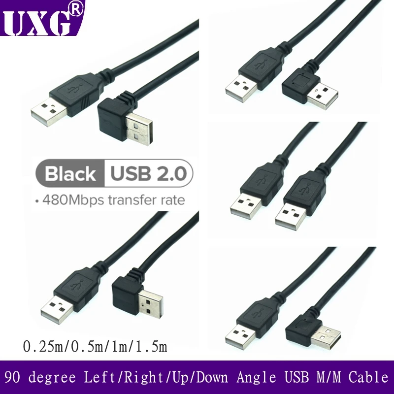 

USB 2.0 A Male To USB A Male 90 Degree Left Right Up Down Angle Extension Adapter Charging And Data Cable Cord 25cm 50cm 1m 1.5m