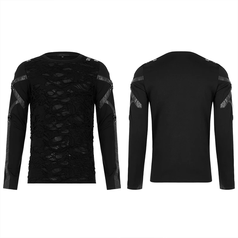 PUNK RAVE Men\'s Gothic Church Building Structure Knited Elastic Long Sleeve T-shirt Punk Personality Casual Men Black Tops