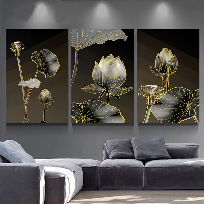 Abstract Modern Poster Lotus Canvas Paintng Black Gold Interior Art Print Golden Foil Wall Pictures for Living Room Home Decor