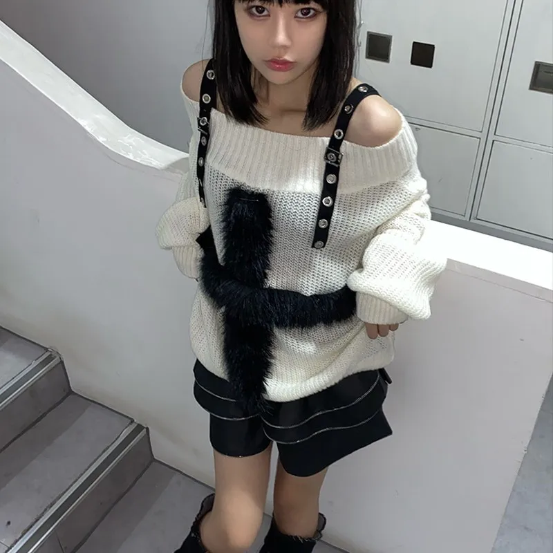 Karrcat Harajuku Gothic Knitted Sweaters Punk Girls Cross Off Shoulder Loose Sweater Outwear Autumn Winter Streetwear Emo Grunge