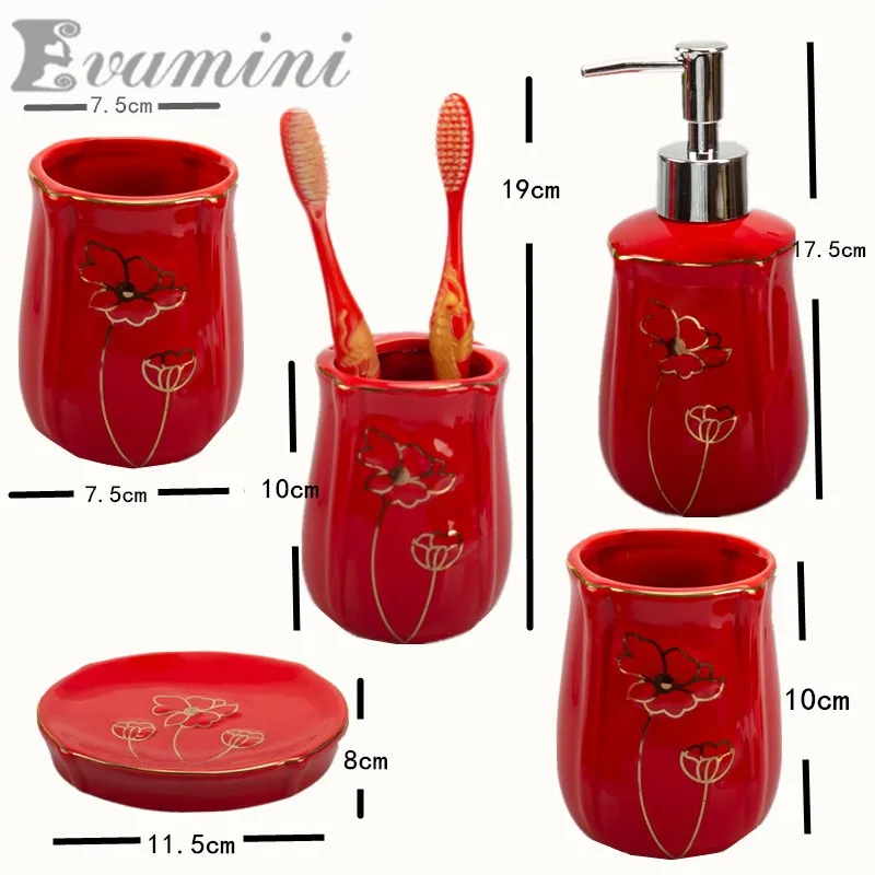 Wedding Gift for Bathroom/Red Ceramic Bathroom Supplies Kit/Toilet Wash Set/Soap Dispenser, Toothbrush Holder, Mouthwash Cu