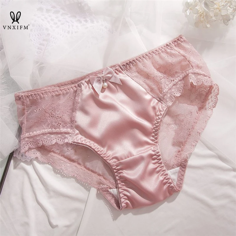 2023Pearl bow lace stitching women\'s panties, soft and shiny satin panties, transparent seamless cotton crotch underwear panties