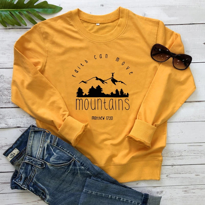 Faith Can Move Mountains Sweatshirt Hipster Faith Over Fear Christian Hoodies Pink Clothing O-Neck Long Sleeve Faith Slogan Tops