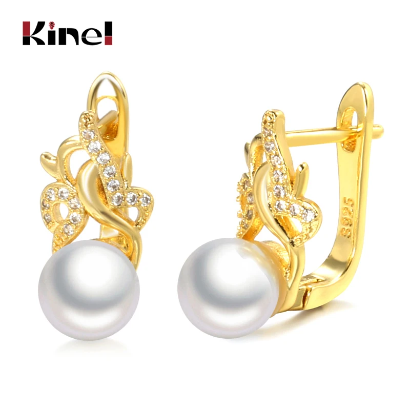 Kinel Trendy 18k Gold Pearl Stud Earrings For Women Party Accessories Natural Zircon Earrings Wedding Jewelry Crystal Gifts