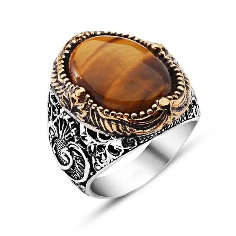 Silver Tiger Eye Stone Men's Ring - 925 Sterling Men's Jewelry Wedding Birthday Gift - Box - Man - Fashion - Botiva - Size - Turkish - Patterned Embroidery