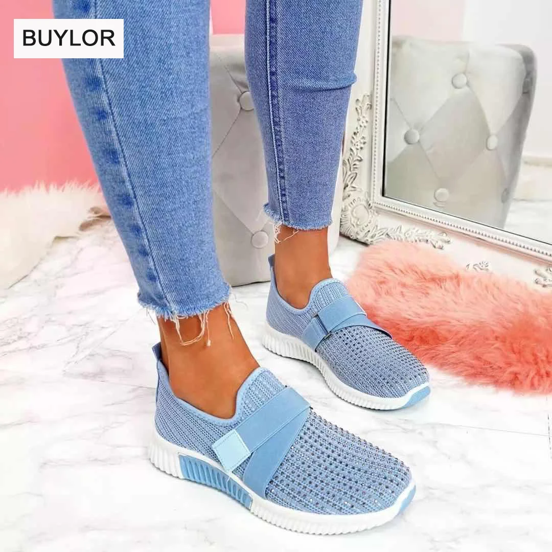 Modne buty damskie płaskie miękkie dno Mesh oddychające codzienne tenisówki Rhinestone pojedyncze buty duże rozmiary damskie obuwie sportowe