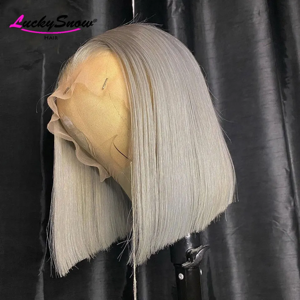 

High Quality 13x4 Transparent Lace Frontal Wigs Grey Straight Short Bob Brazilian Colored Human Hair Wig For Women Pre Plucked