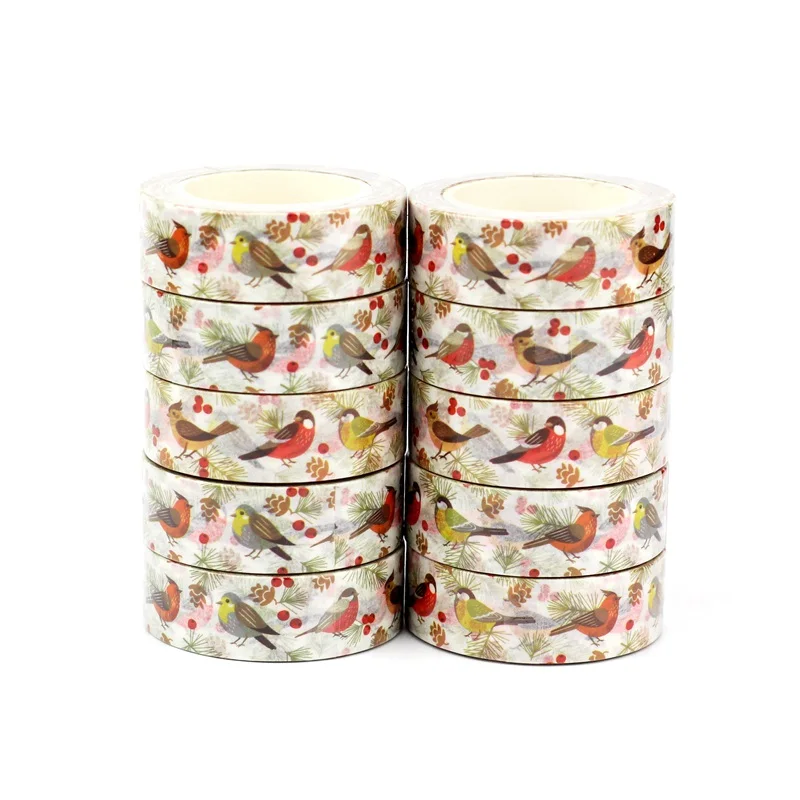 NEW 10PCS./Lot Decor Christmas Cardinal bird on Mistletoe Leaves Washi Tapes for Scrapbooking Adhesive Masking Tape Stationery