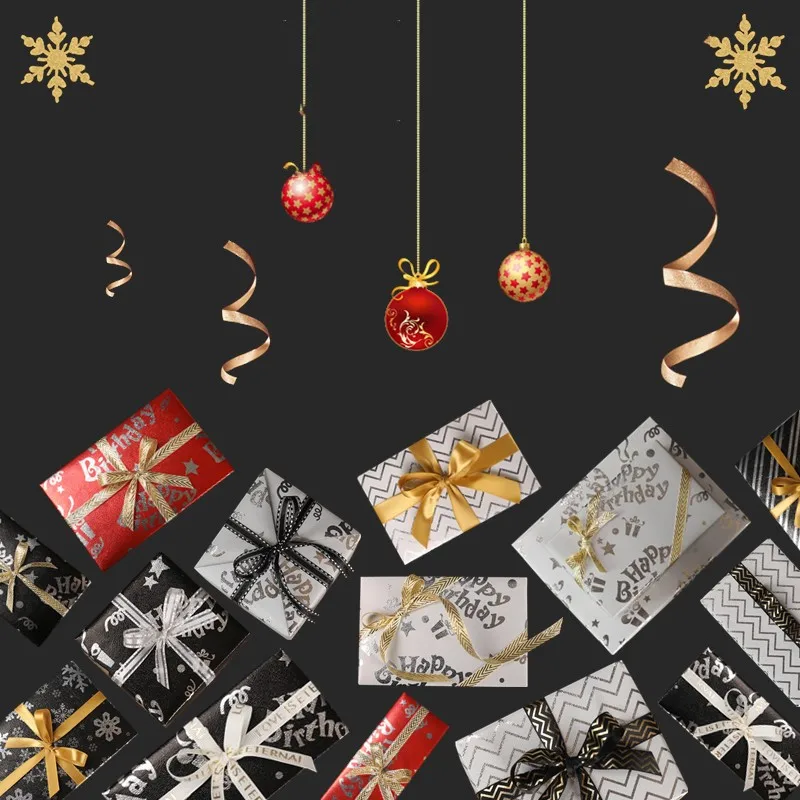 Laser paper 4pcs happy birthday Hot stamping Christmas gift wrapping paper new year birthday Black gold style wrapping paper