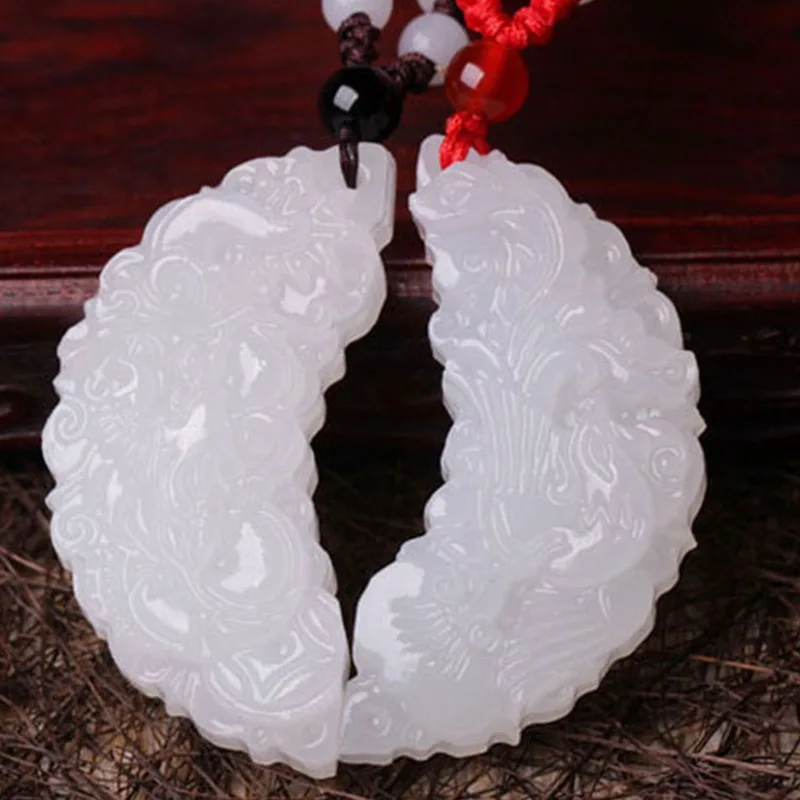 Natural Hetian Jade Pendant Jue Suet Crescent Dragon & Phoenix on Pendant lovers Translucent Emerald Raw Ore Jewelry Certificate