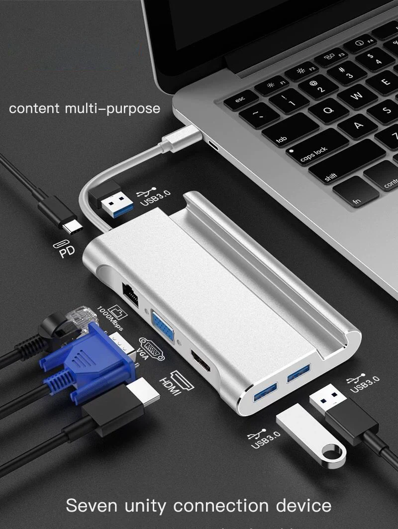 Doca USB C Hub USB 3.0 Tipo C VGA RJ45 PD HDMI Doca USB C Hub USB 3.0 Tipo C VGA RJ45 PD HDMI Doca USB C Hub Conversor Para Note