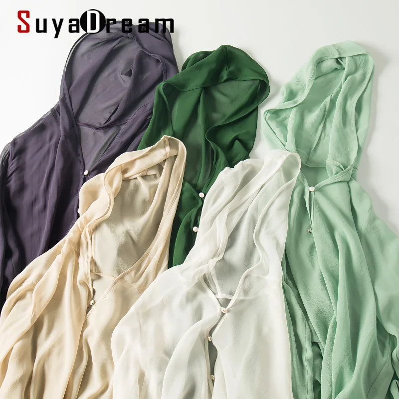 

SuyaDream Women Hooded Blouse 100%SILK Georgette Solid Chiffon Button Blouse shirt 2022 Spring Summer Sun protection Cloth