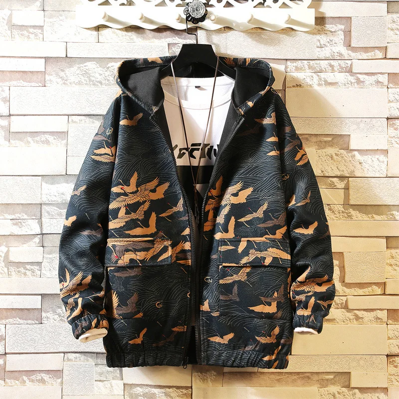 

Vintage Jacket Men Animal Print Hooded Hipster Chinese Autumn Casual Harajuku Coat Male Clothing Big Size