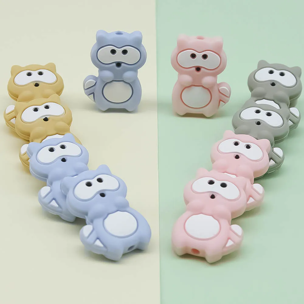 10pcs/lot Cartoon Raccoon BPA Free Food Grade Silicone Beads Chew Toys Accessories Baby Teethers DIY Necklace Pendan