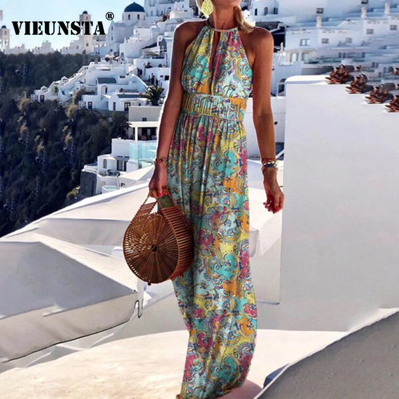 2021 Summer Boho Floral Print Long Party Dress Women Elegant Halter Sleeveless Maxi Dress Spring Backless Hollow Out Dresses 2XL