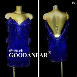 Latin dance dress women competition  costume  fringes  beads tube Rumba dress Sexy dance dress Sleeveless royal blue