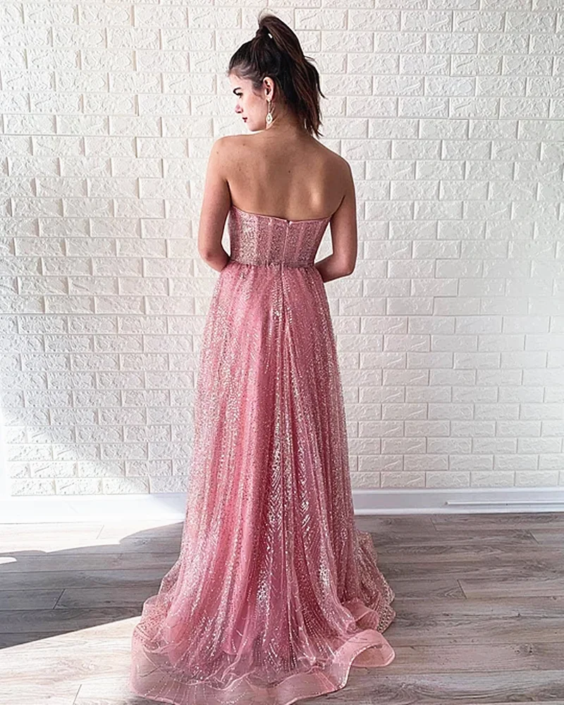 Rosa Prom Kleid A-linie Sexy Liebsten Schatz Ansatz Backless Ärmel Bodenlangen Pailletten Tüll Abendkleid فساتين السهرة