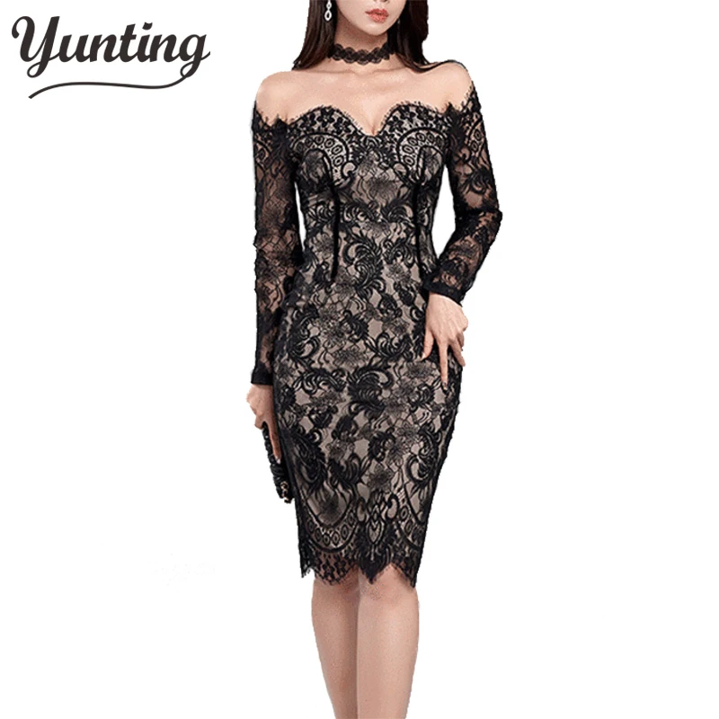 

Womens Sexy Black Lace Hollow Fashion Business Sheath Pencil Bodycon Dress Vestidos Elegant Vintage