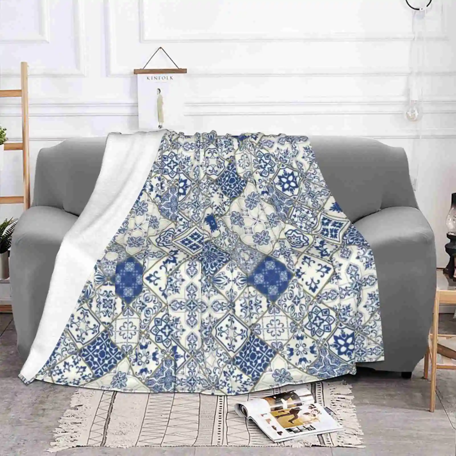 Blue And White Portuguese Tile Blue Morocco For Home Sofa Bed Camping Car Plane Travel Portable Blanket Blue And White