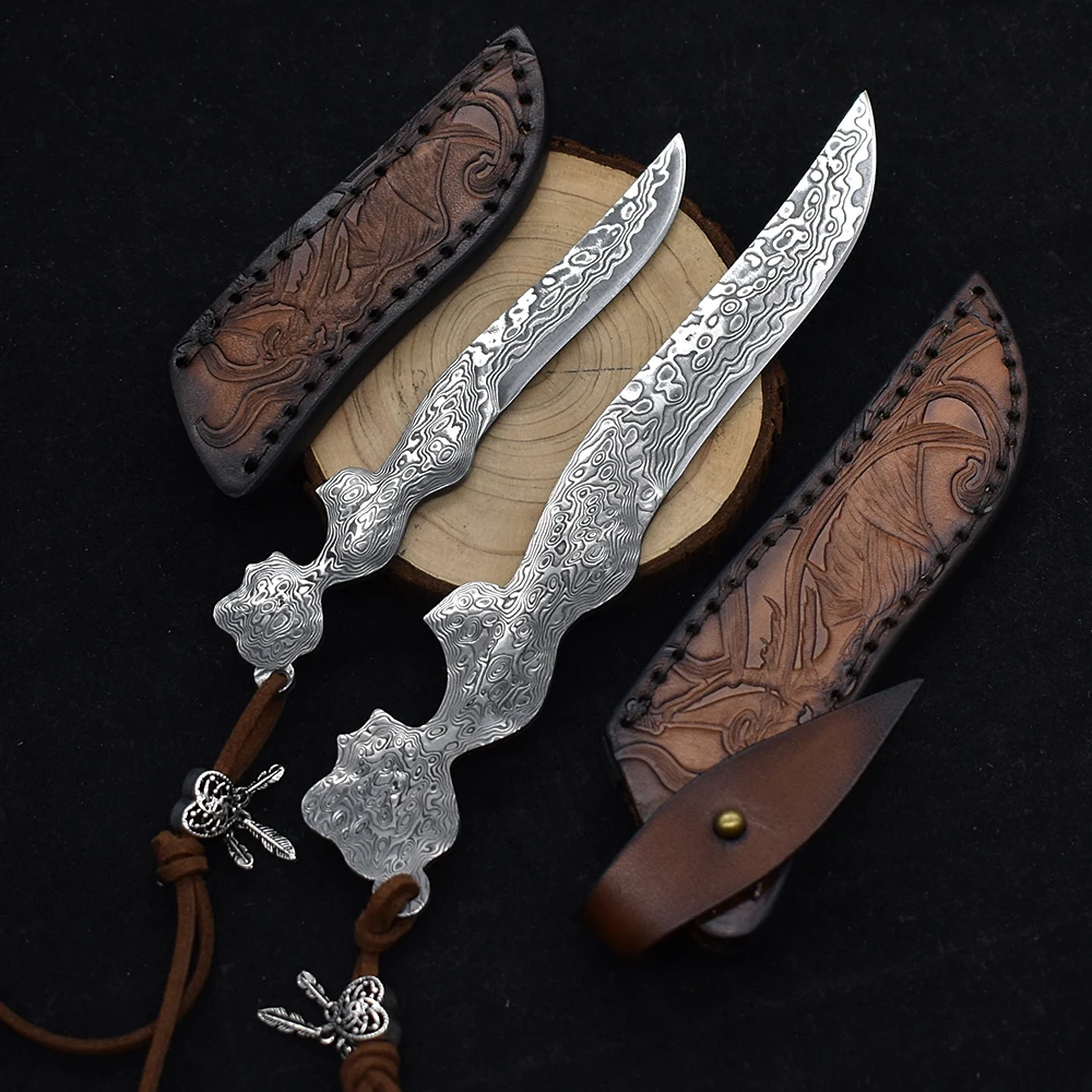 Creative Damascus Steel Fixed Blade Small Straight Knife Handmade Gift Knife Outdoor Survival Knife EDC Camping Mini Sharp Tool