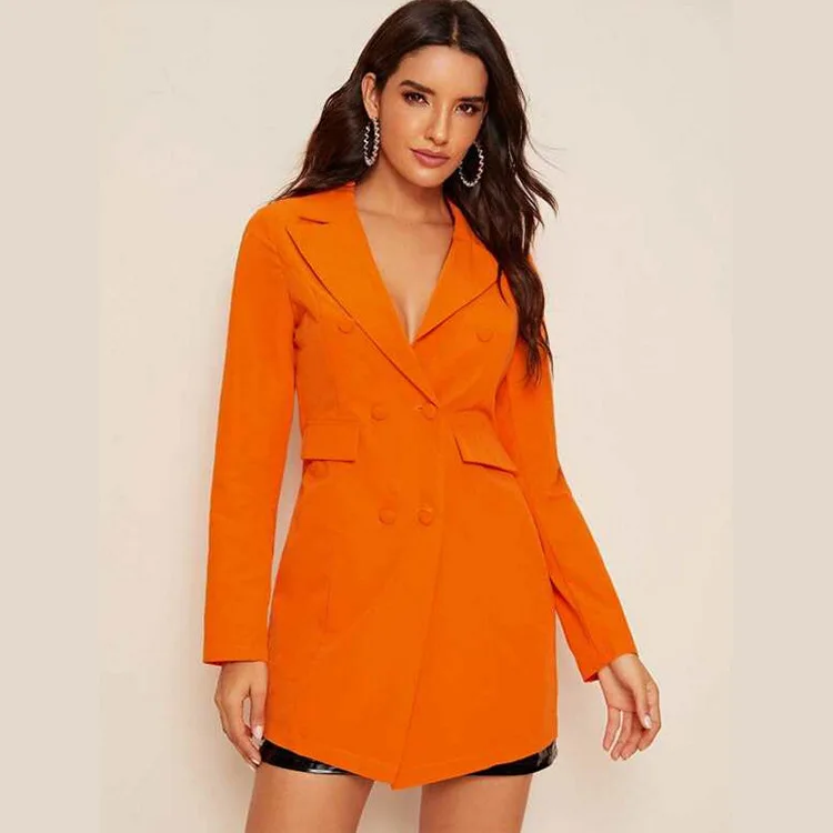 Sexy Slim Fit Suits In Stock Cheap Double Breasted Orange Blazer Elegant Fashion Daily Casual Plaid Coat 1 Piece