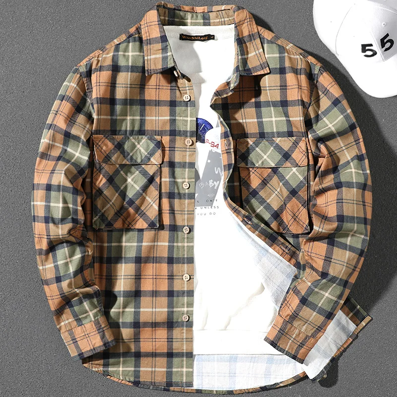 Handsome Plaid Shirt Men's Thin Long Sleeves Outerwear Korean Style Trendy Double Pocket Cotton Baggy Coat Casual All-Matching