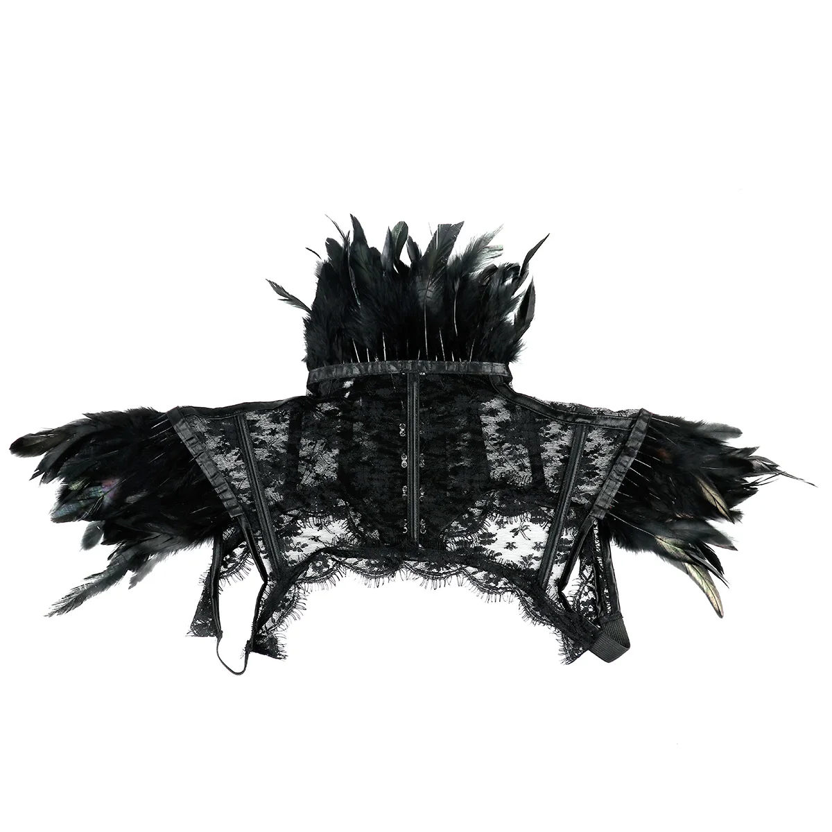 Punk Gothic Black Feather Stole Cape Vintage Shrug Shawl Sexy Lace Floral Fake Neck Choker Cape Cosplay Shoulder Wrap for Women