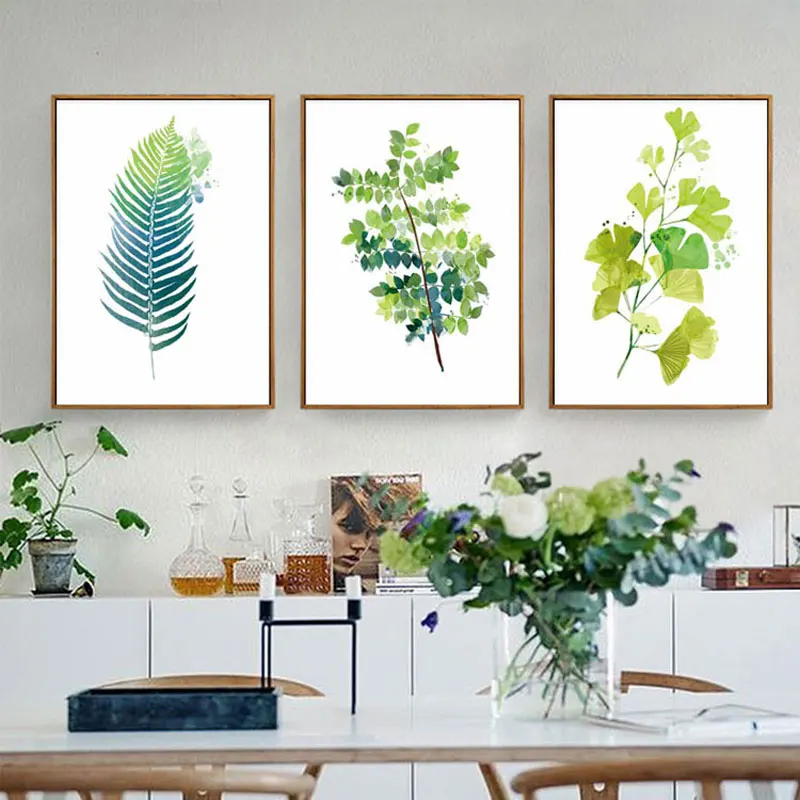 Tropical Palm Ginko Leaf Green Small Fresh Wall Art Print Poster Modern Home Decorations for Office Bathroom Bedroom No Frame