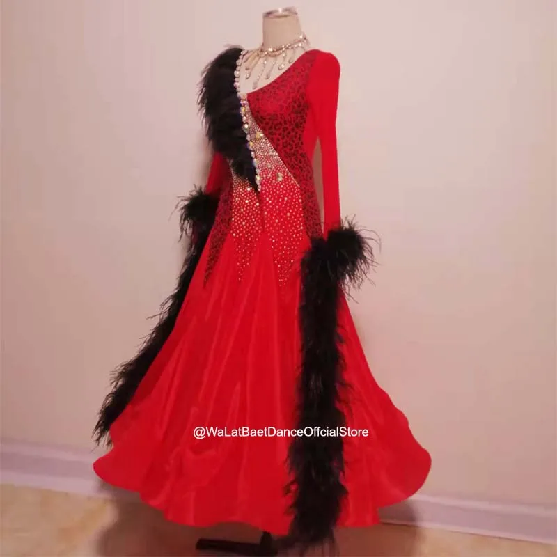 

Red Black Feather Standard Ballroom Dress Custom Made Simple Ballroom Dress for Dancer Regular Ballroom Dance Dress Hot Sales