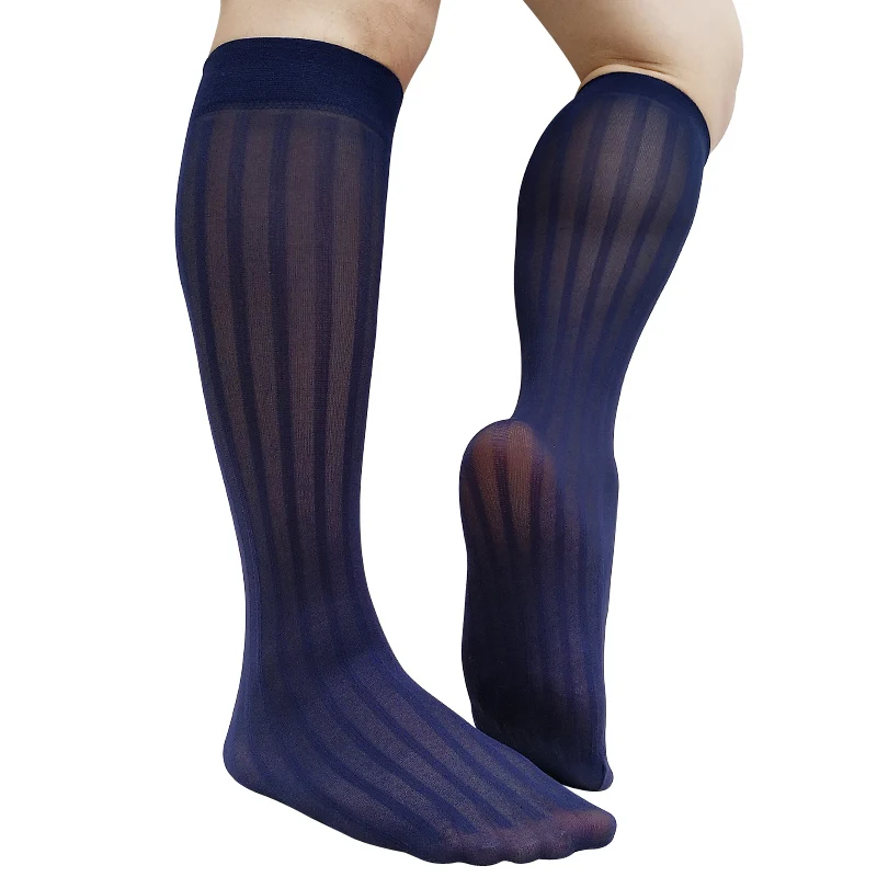 Sheer Thin Mens Long Socks Knee High See Through Sexy Stocking Tube Hose Striped Black Navy  Fashion Gentlemen Socks