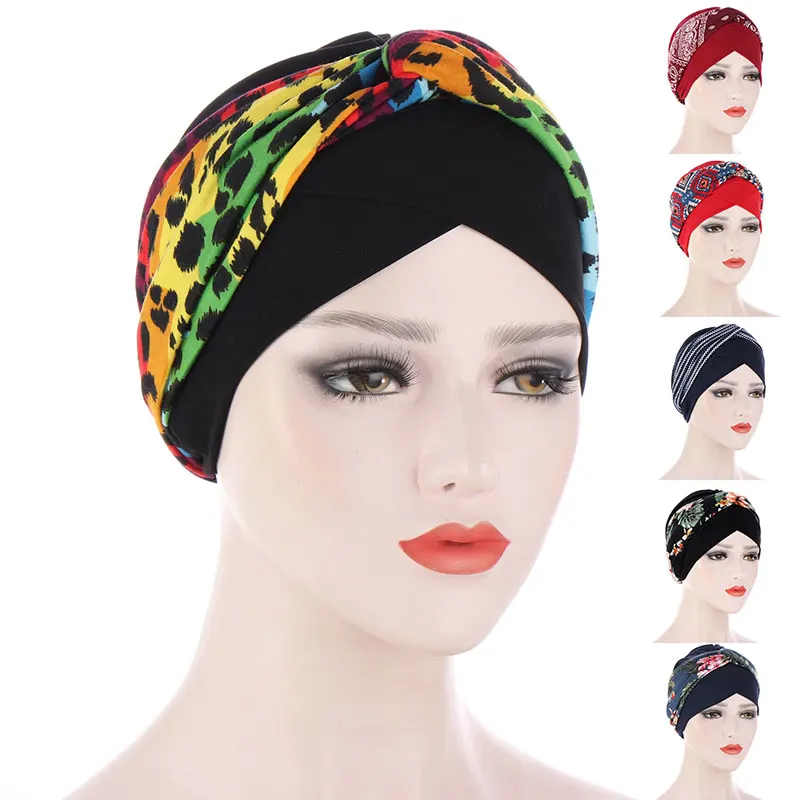 

2021 New Floral Print Turban Hat Stretchy Twist Cap Head Cover Muslim Inner Hijabs Round Bonnet Caps Headscarf Night Sleep Hats