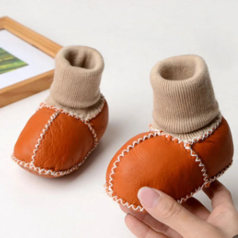 Genuine Leather baby shoes boots infants warm winter shoes fur wool girls baby booties Sheepskin boy baby Shoes