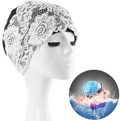 Gorro de natación elástico de moda para mujer, gorro de natación de flores de encaje, gorro de baño de PU impermeable, gorro de surf para cabello largo y corto