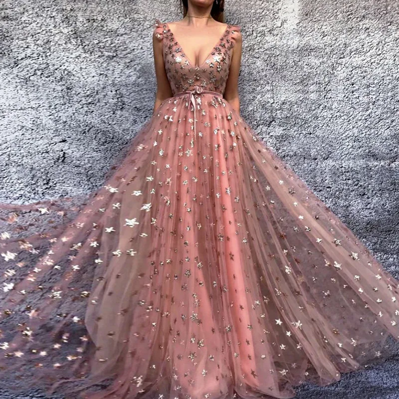 Blush Pink Tulle Long Prom Dresses 2020 Sexy Deep V Neck Sparkly Star Sequin A Line Evening Dress Women Formal Party Gowns