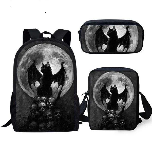 Cartoon 3pcs/set Gothic Cat School Bags for Girls&Boys Orthopedic Backpack Schoolbag In Primary Students Kids Mochilas