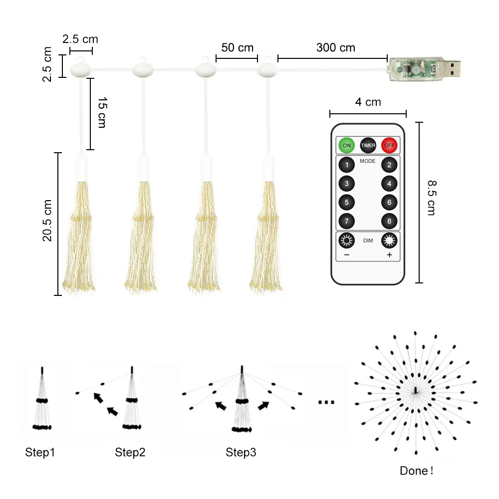 LED Firework Four in One String Light Twinkle Fairy Garland Lamp String USB Operated for Outdoor Indoor Party Dating Decoration