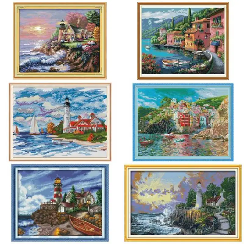 Seaside Lighthouse Scenery Series Cross Stitch Kits 14CT 11CT Canvas Printing Embroidery Set Needlework Home Decoration Painting