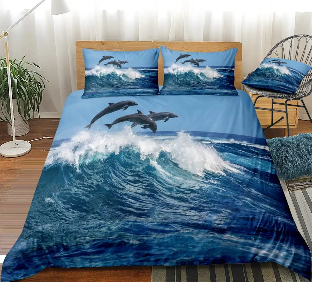 Dolphin Bedding Set Ocean Duvet Cover Set Sea Aniaml Bed Linen Blue Ocean Bedclothes Dolphin  Beds Set Boys Girls Home Textile