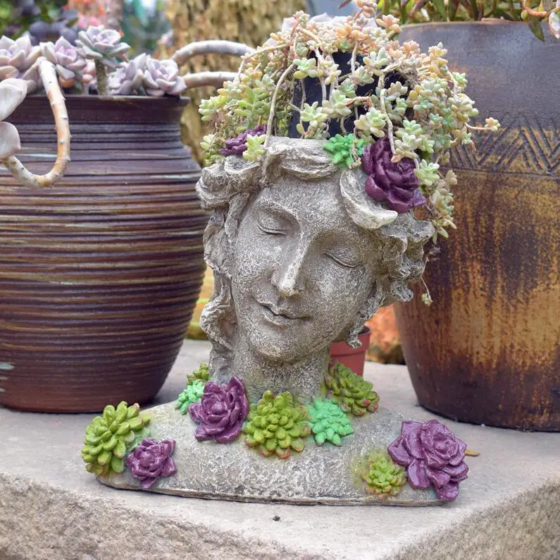 

Pastoral Cement Goddess Head Flower Pot Ornaments Outdoor Garden Figurines Crafts Courtyard Park Sculpture Furnishing Decoration