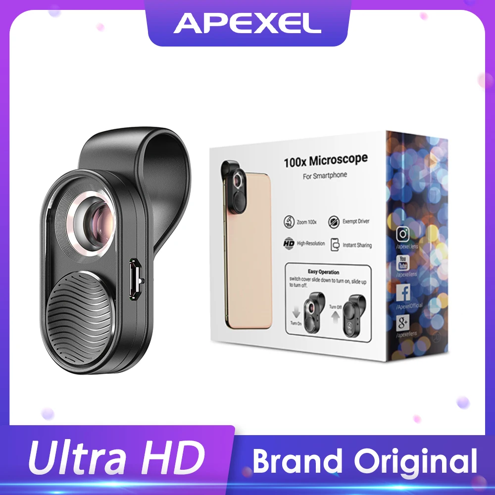 APEXEL100X microscope lens camera phone lens high magnification LED Light micro pocket lenses for iPhone Samsung all smartphones