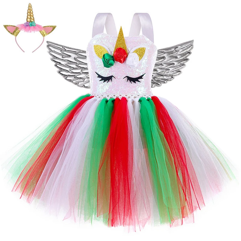 Girls Unicorn Costume Fancy Up Christmas Kids Sequin Rainbow Tutu Birthday Party Carnival Dresses Princess Cosplay Costumes